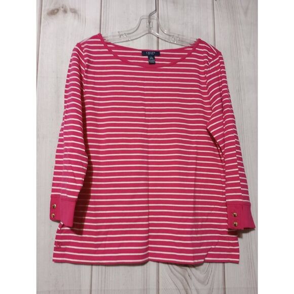 2 For 30 Chaps Shirt Ladies Large Pink White Stripe 3/4‎ Sleeve Round Neck - Picture 1 of 6
